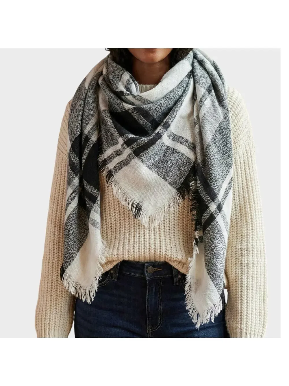 Plaid Blanket Scarf Flannel White Black 52